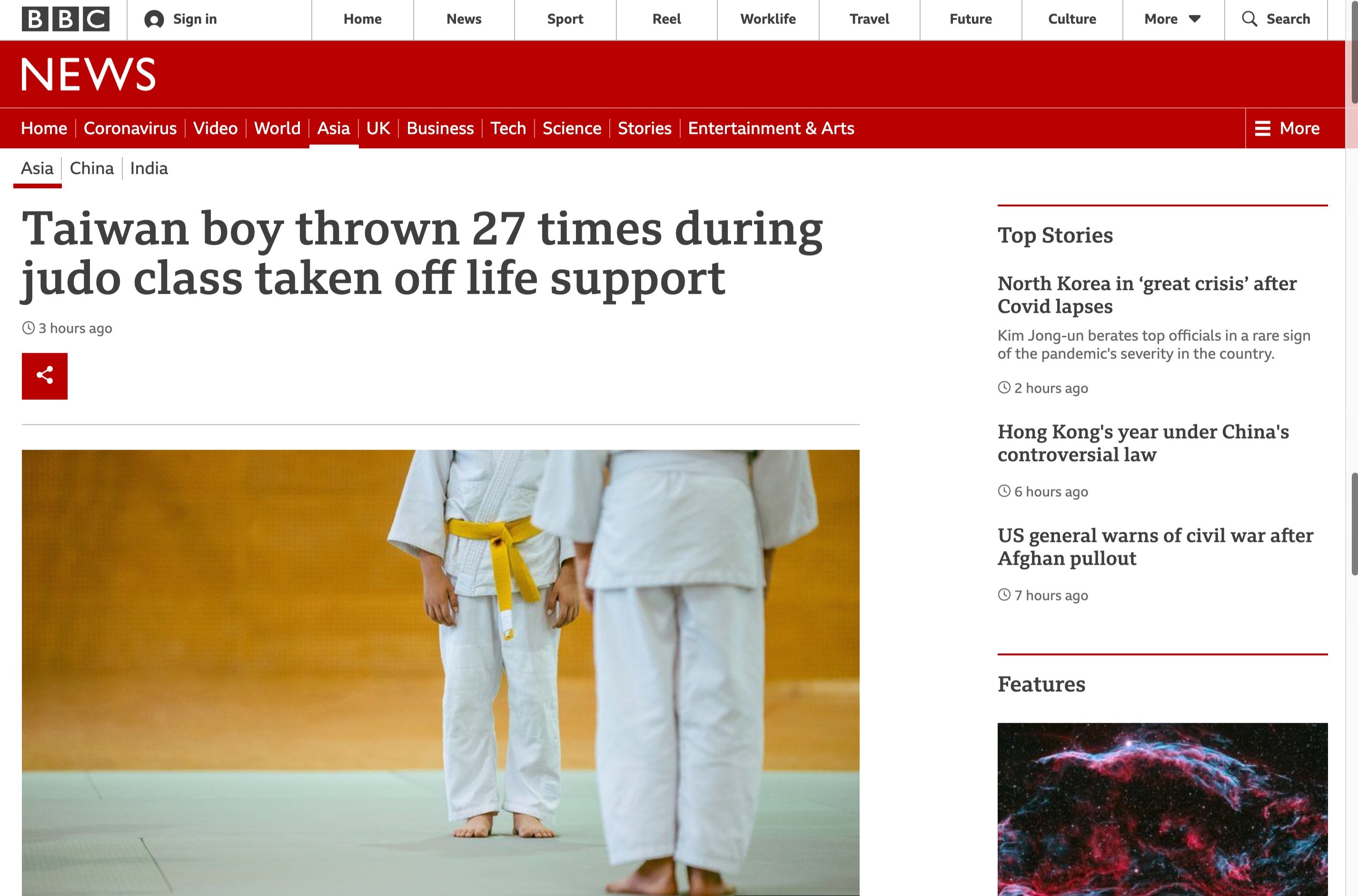 台中男童練柔道遭教練重摔身亡，登上英國《BBC》報導。（翻攝《BBC》網頁）