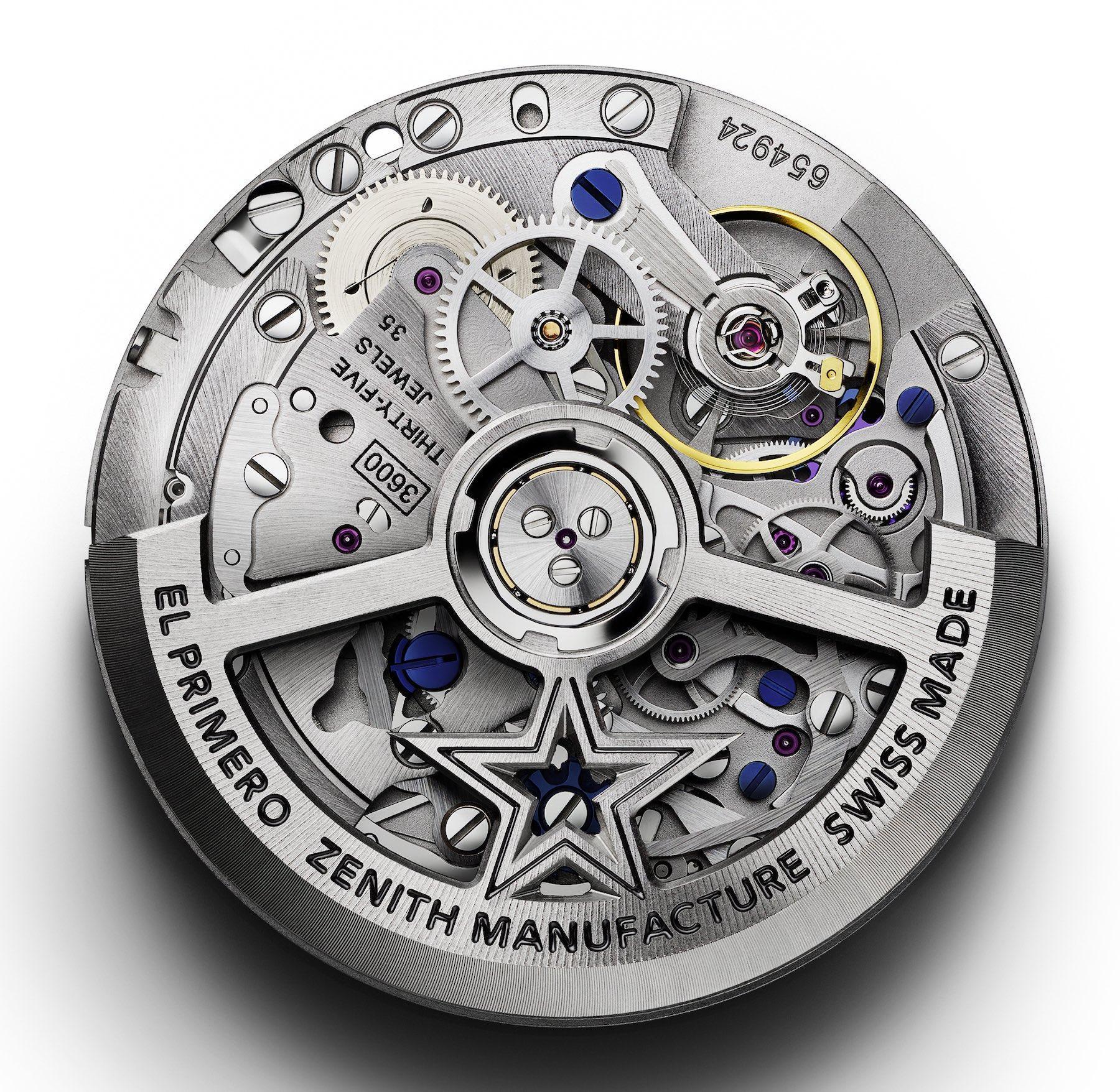El Primero 3600型自動上鏈機芯具備60小時動力儲存，中央計時秒針為每10秒走一圈。