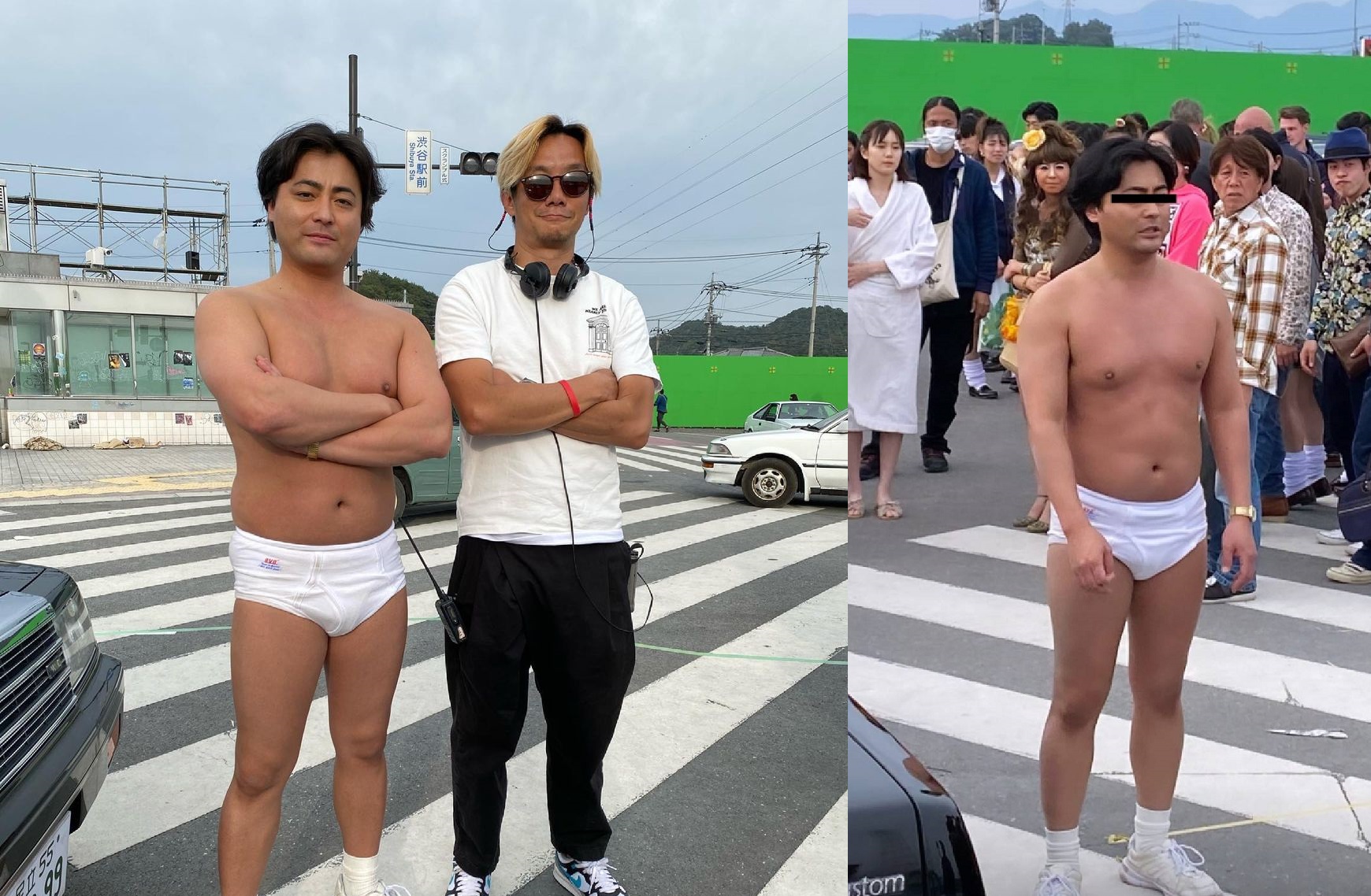 《AV帝王 第2季》中山田孝之穿著招牌白內褲在澀谷街道爆走，該場戲動員上百名臨時演員（右圖），殺青後他與導演之一的後藤孝太郎（左圖右）擺出相同姿勢合影。（左圖翻攝自後藤孝太郎Instagram，右圖翻攝自山田孝之Instagram）