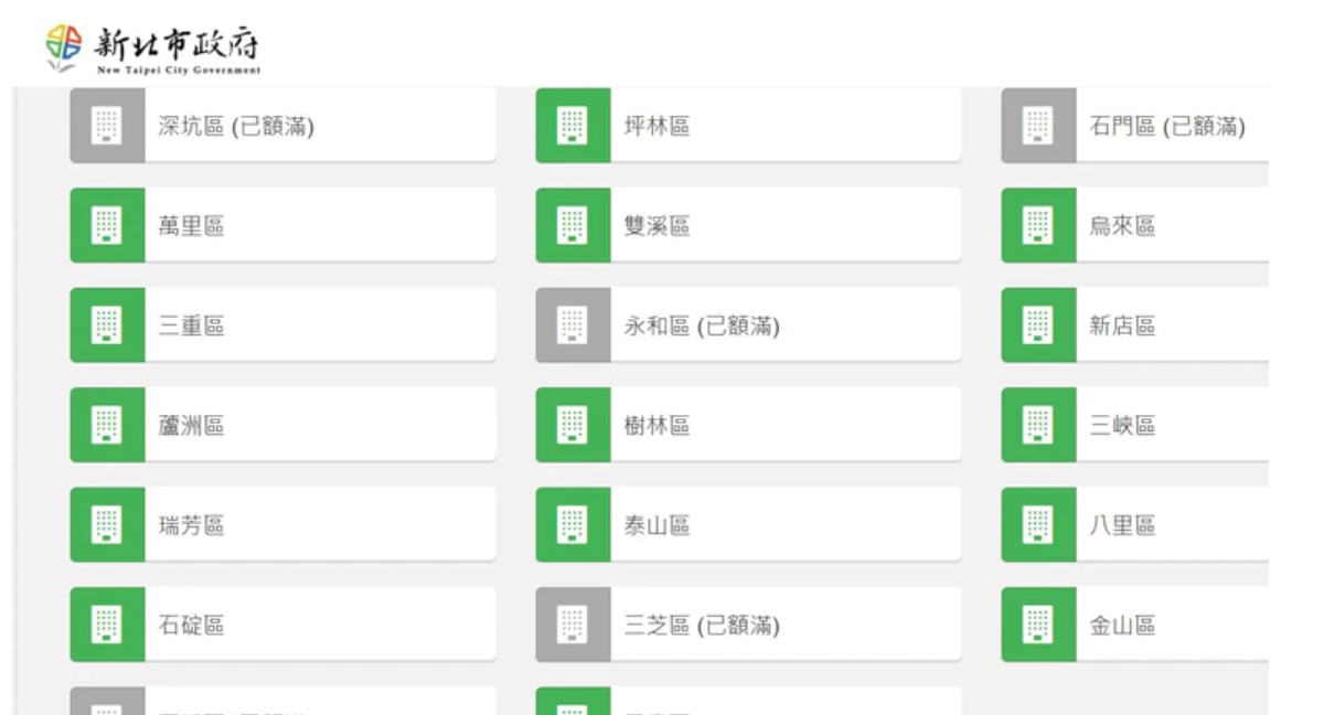 新北市疫苗預約系統半小時內就造成網路塞車,多個區域顯示已額滿。(翻攝新北市政府網站)