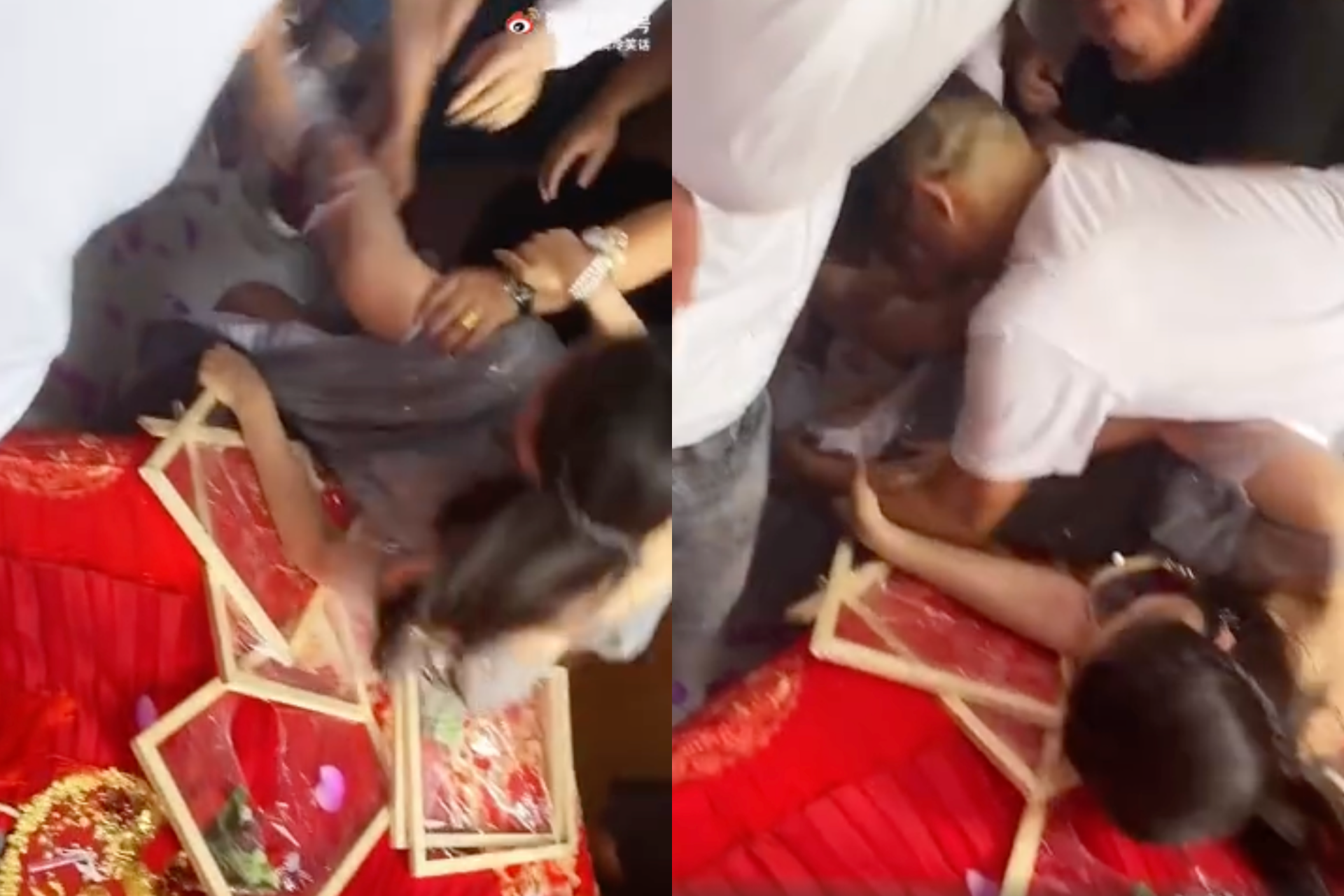 中國大陸誇張婚鬧頻傳，一名伴娘被多名男性推倒亂摸。（翻攝自微博）