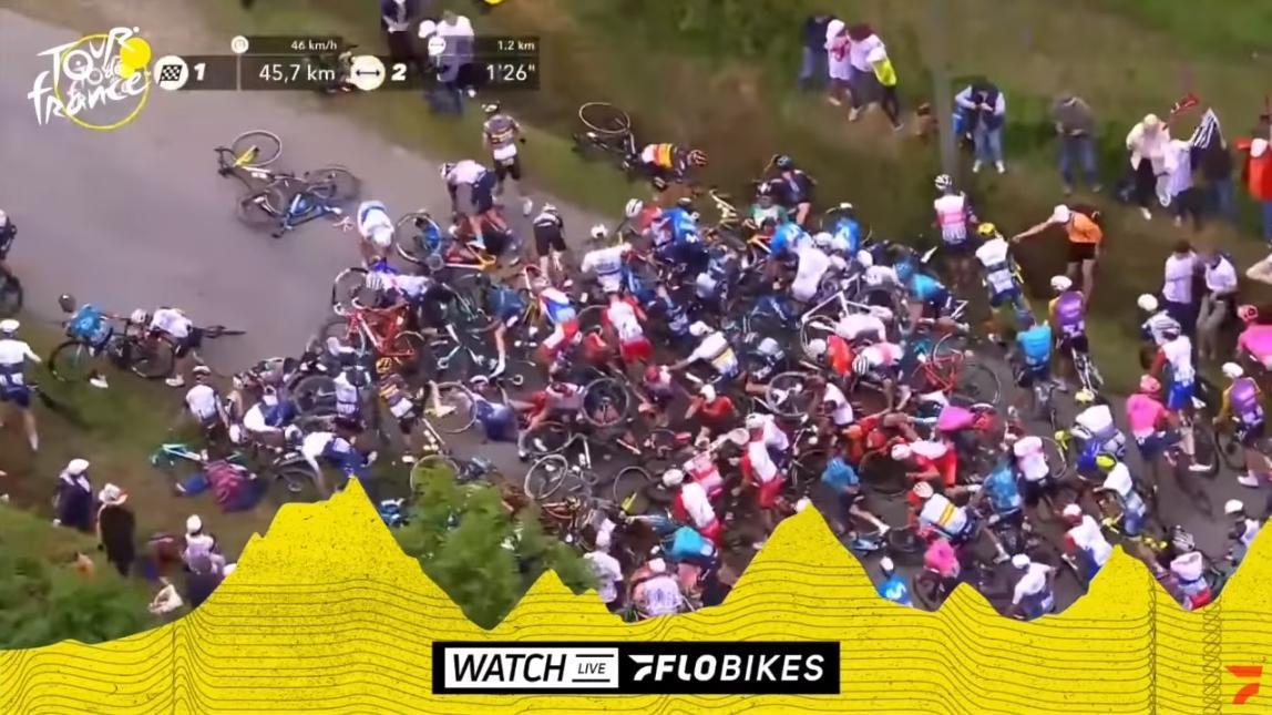 馬丁跌倒後，後方數十名騎士也倒成一片。（翻攝自 FloBikes YouTube）