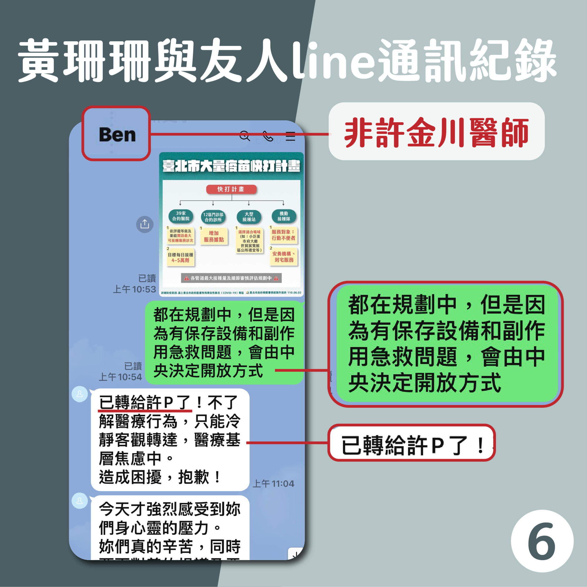 台北市副市長黃珊珊在記者會上出示截圖，表示自己事前未與許直接聯繫過。（台北市政府提供）