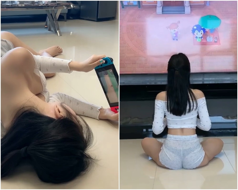 申才恩穿著家居服坐在電視前玩Switch,內褲若隱若現。(翻攝自申才恩IG)
