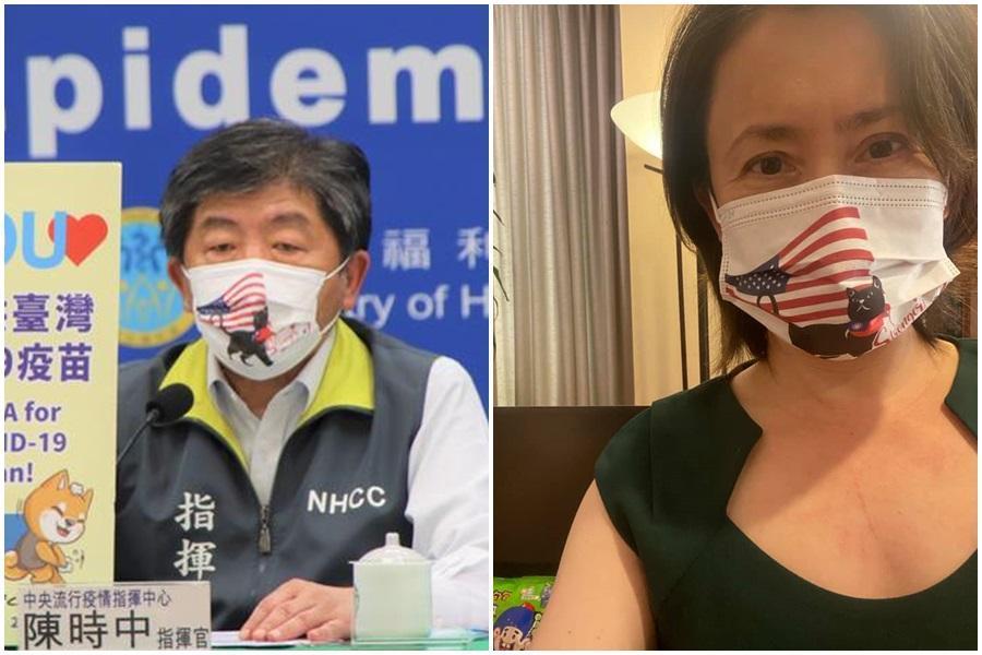 中央流行疫情指揮中心指揮官陳時中（左）與駐美代表蕭美琴（右）都戴上「台灣戰貓口罩」，表達對美國致贈疫苗的謝意。（指揮中心提供／翻攝自蕭美琴 Bi-khim Hsiao臉書）