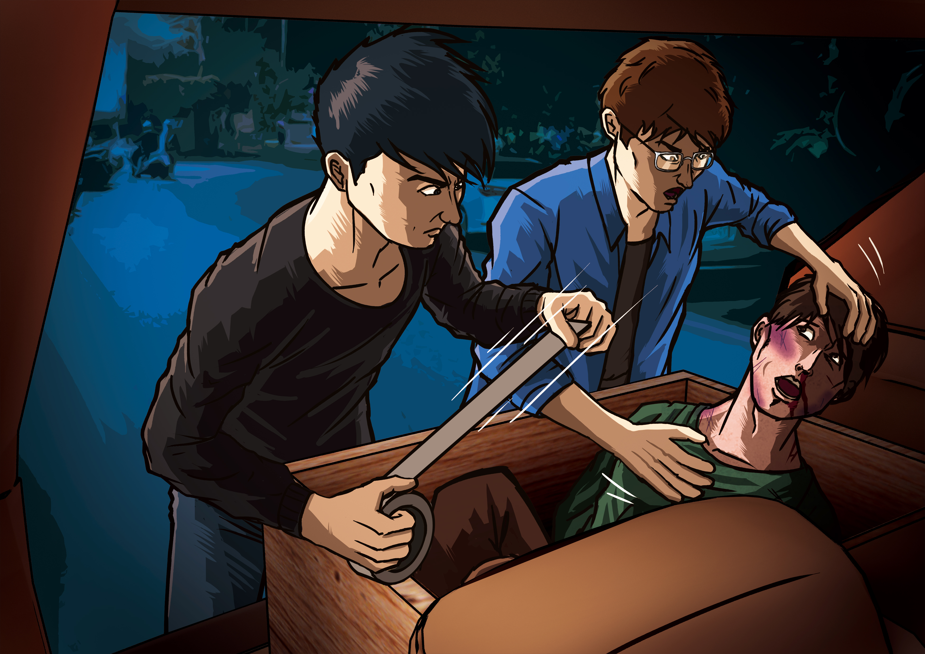 2名凶手為阻止劉男（右）呼救，用膠帶封住其口鼻，導致他窒息死亡。（示意畫面）