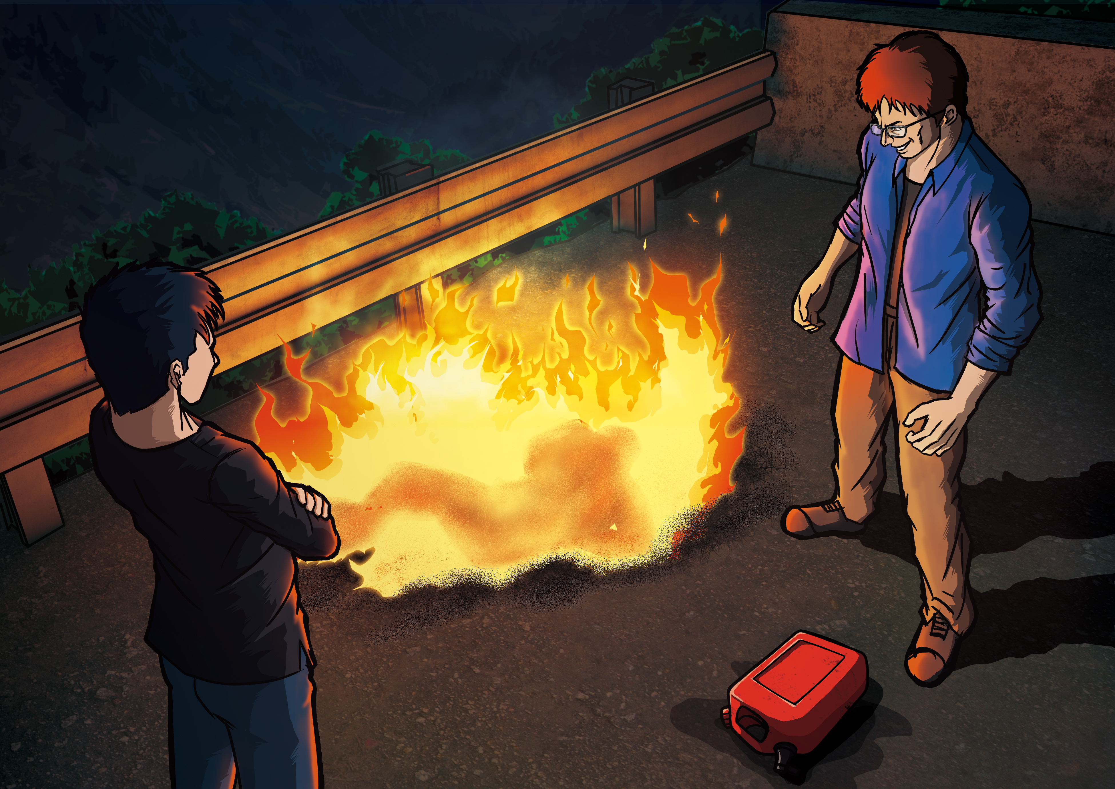 為了滅證，2名凶手在死者身上潑灑汽油、甲苯，點火焚屍。（示意畫面）