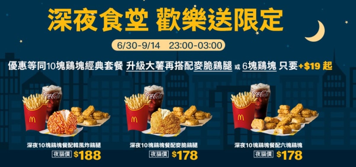 麥當勞「深夜食堂」優惠套餐,相當於點一份10塊雞塊餐,再加19元就能多一份6塊麥克雞塊,而且薯條還加大。(翻攝自麥當勞官網)