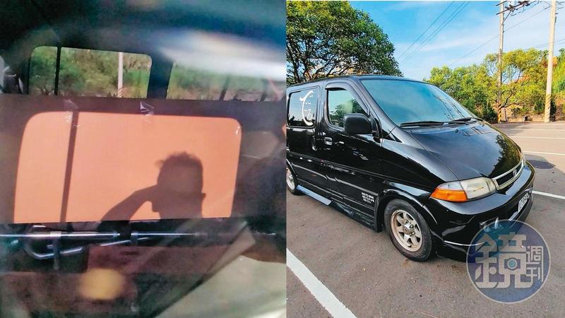 有確診者大體的接體車被丟包，停在殯儀館空地逾10個小時，殯儀館人員發現接體車內有棺木，趕緊聯繫該車所屬的殯葬公司。（讀者提供）