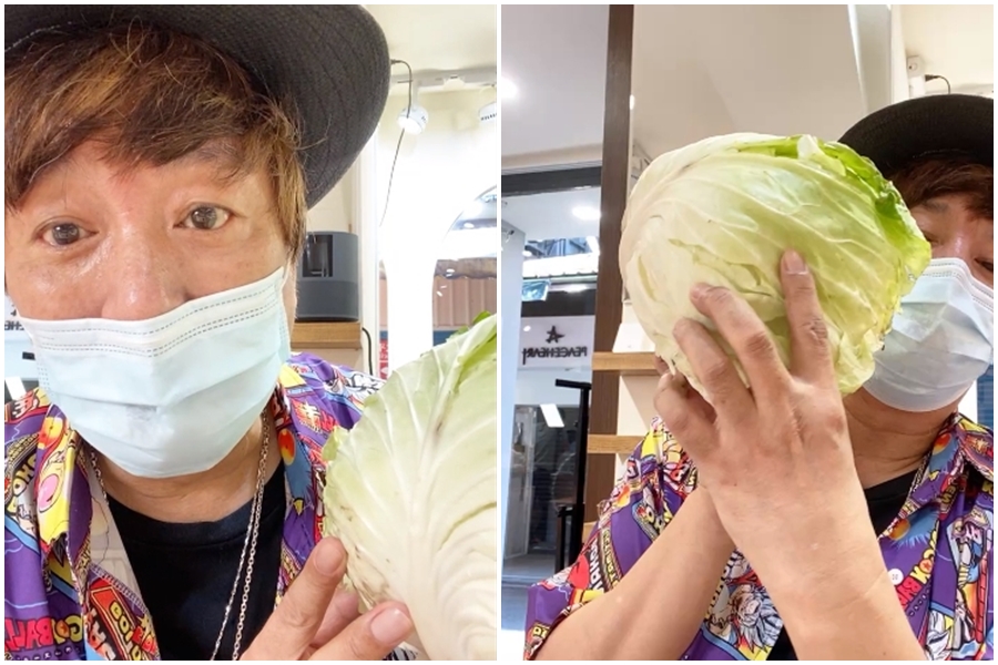 曹西平開直播向網友展示自己買的高麗菜，2顆要價430元。（翻攝自曹西平的粉絲愛團臉書）