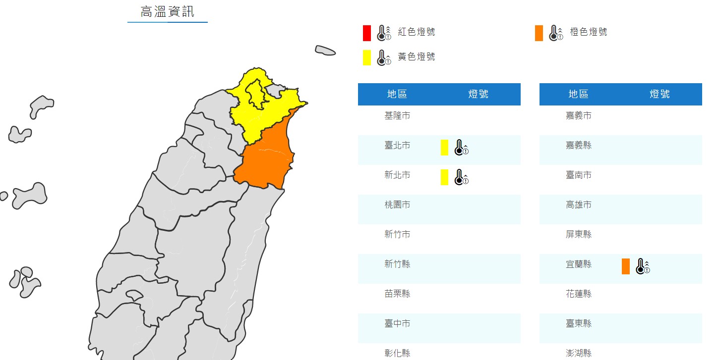 雙北及宜蘭發布高溫資訊。（翻 攝自氣象局官網）