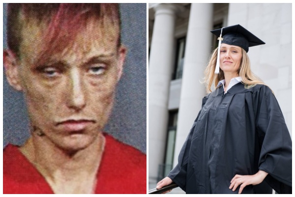 美國女子柏頓6歲時就開始吸食大麻，後來決心戒毒，努力讀書，並公開她戒毒前後的模樣。（翻攝自V Ginny Burton 臉書）