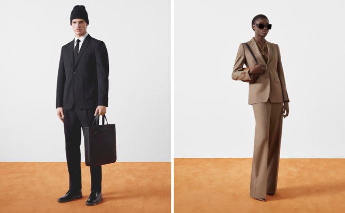 Burberry推出Future Heritage「未來傳承」系列，適合不追流行的質感追求者，或是高端商務人士。（左圖）修身剪裁科技羊毛量裁外套 NT$65,000、科技羊毛套量裁製九分褲 NT$32,500、花押字圖案貼花棉質牛津襯衫 NT$18,900、標誌細節正面壓縫皮革德比鞋 NT$22,900、粒面皮革托特包 NT$59,000、現代剪裁科技羊毛領帶 價格未定、黑色毛帽 價格未定（右圖）羊毛套量裁製外套 NT$55,000、羊毛寬管長褲 NT$34,900、小型雙色調皮革Olympia包 NT$69,000、大型圓牌鍍金品牌徽標 價格未定、B 圖案方型鏡框太陽眼鏡 NT$10,900、孔眼細節皮革尖頭高跟鞋 價格未定 Burberry Future Heritage。（Burberry提供）