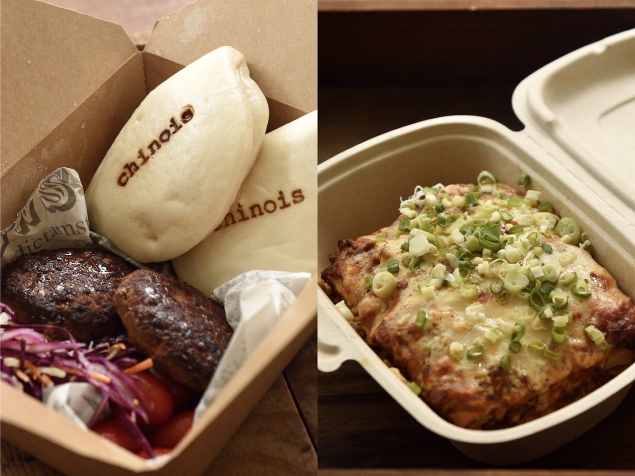 casual fine dining「chinois」的防疫餐盒，「麻婆豆腐千層麵」（右）、「紅酒東坡漢堡」（左）中西混血，療癒帶有趣味感。