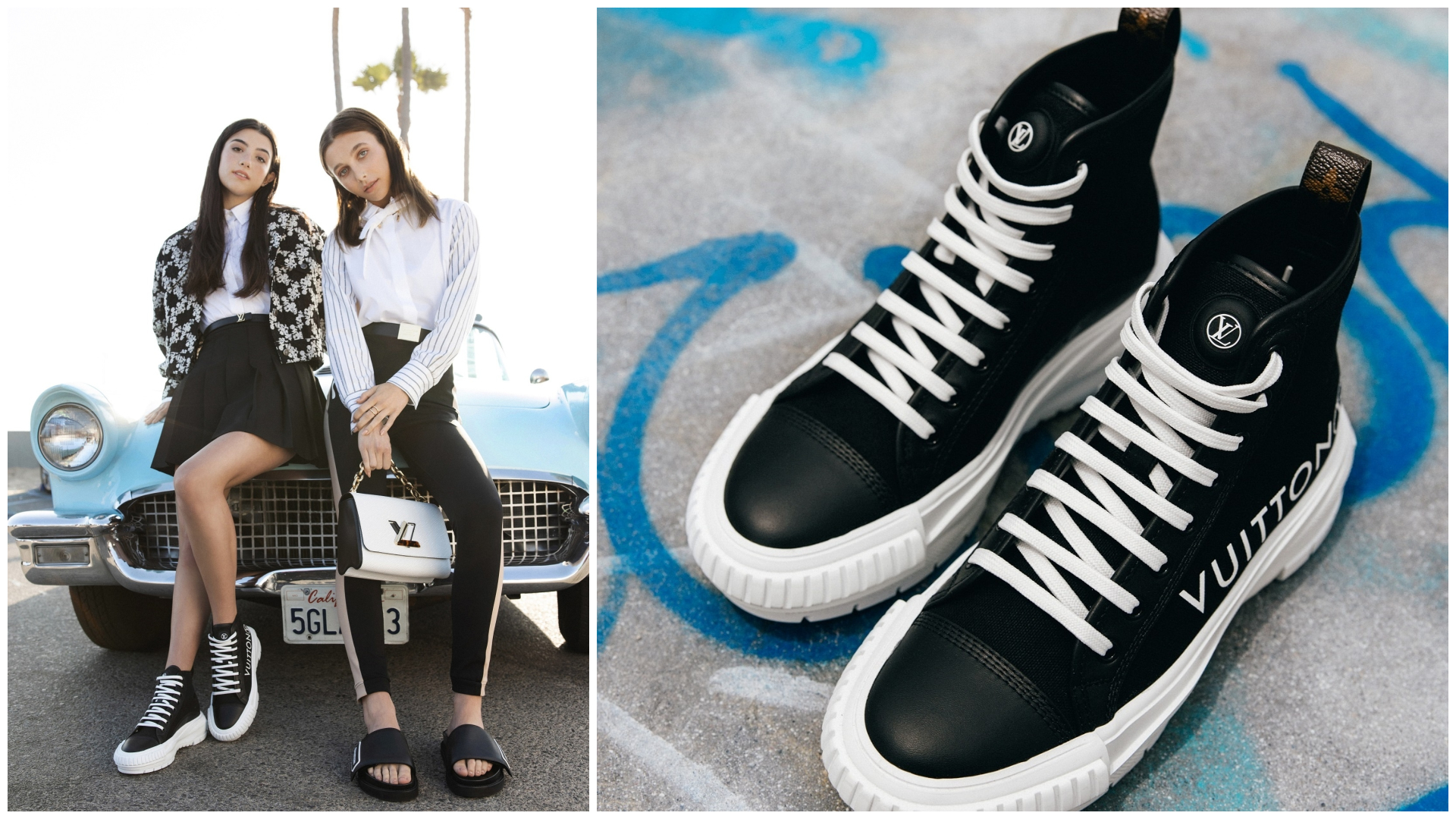 LOUIS VUITTON找來新世代的兩位網紅拍攝新鞋款的宣傳照片與影片，左圖左邊的就是「抖音女王」Charli D’Amelio，右邊白襯衫的則是YouTube上最有趣的女孩Emma Chamberlain。右圖則為黑色高筒LV SQUAD運動鞋 NT$32,500（LOUIS VUITTON提供）