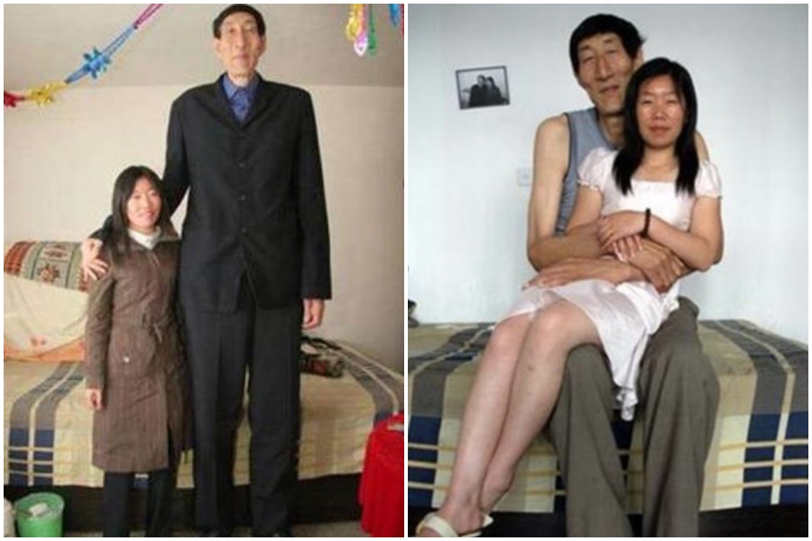 「世界第一巨人」鮑喜順56歲時閃娶小28歲老婆。（翻攝自微博）