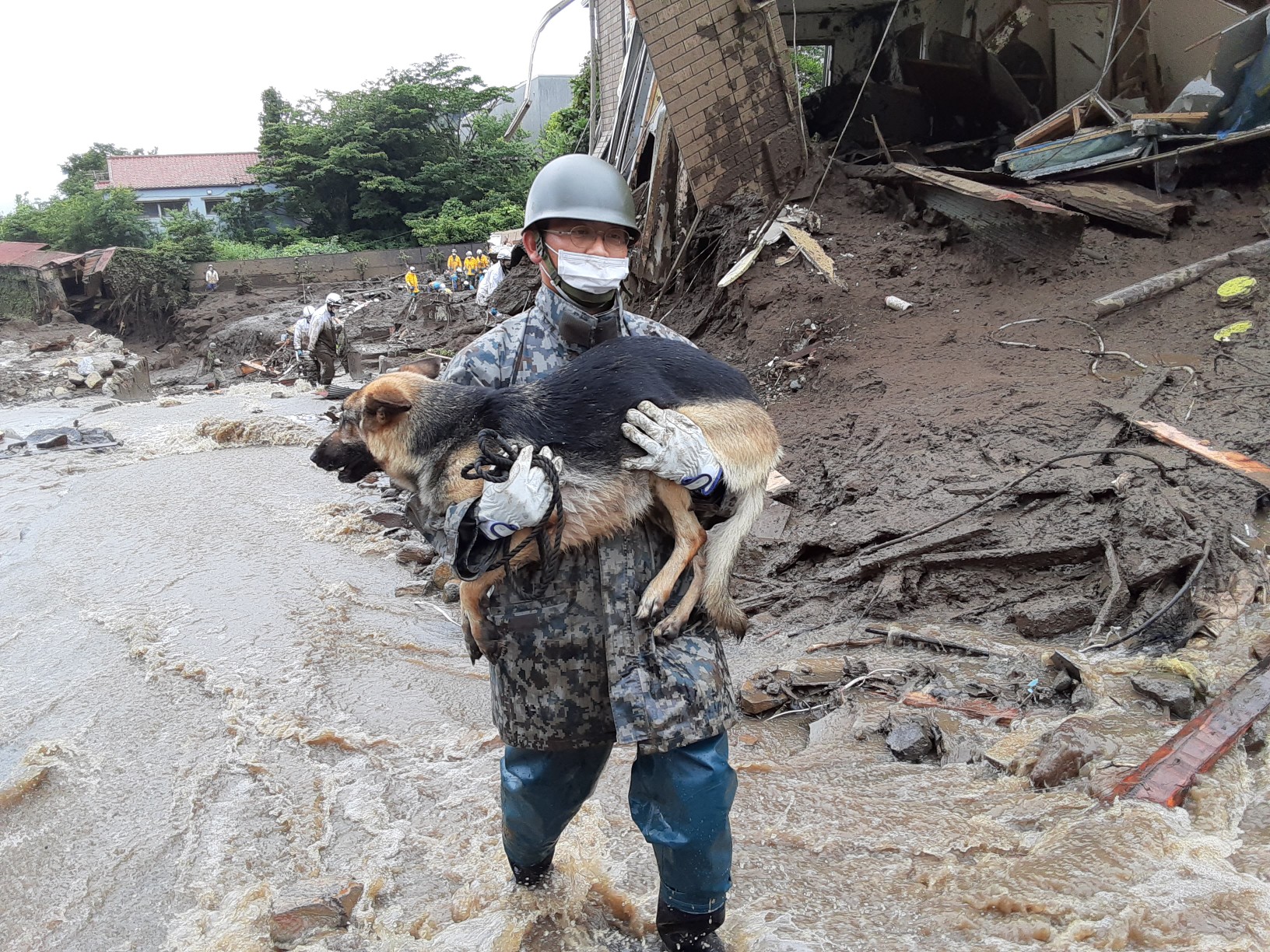 領犬員將搜救犬一把抱起，避免狗狗的腳受到太多傷害。（翻攝自@JASDFhamamatsu推特）