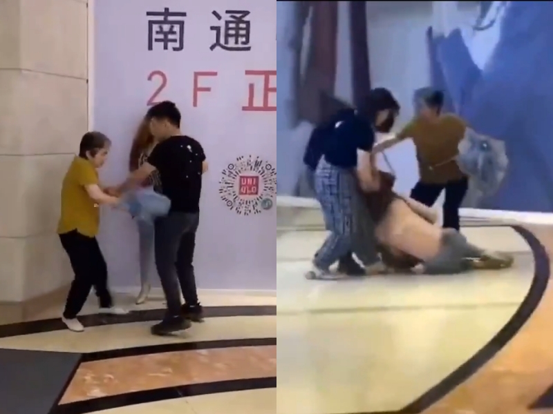 中國大陸發生先生帶小三逛街，卻被正宮跟丈母娘堵到，當街遭教訓的事件。（翻攝自微博）