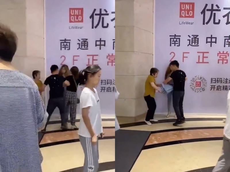 先生見小三被逼到牆邊質問,一把推開正宮(左圖);丈母娘難忍女兒受欺侮,拿起手邊雨傘狂打女婿(右圖)。(翻攝自微博)