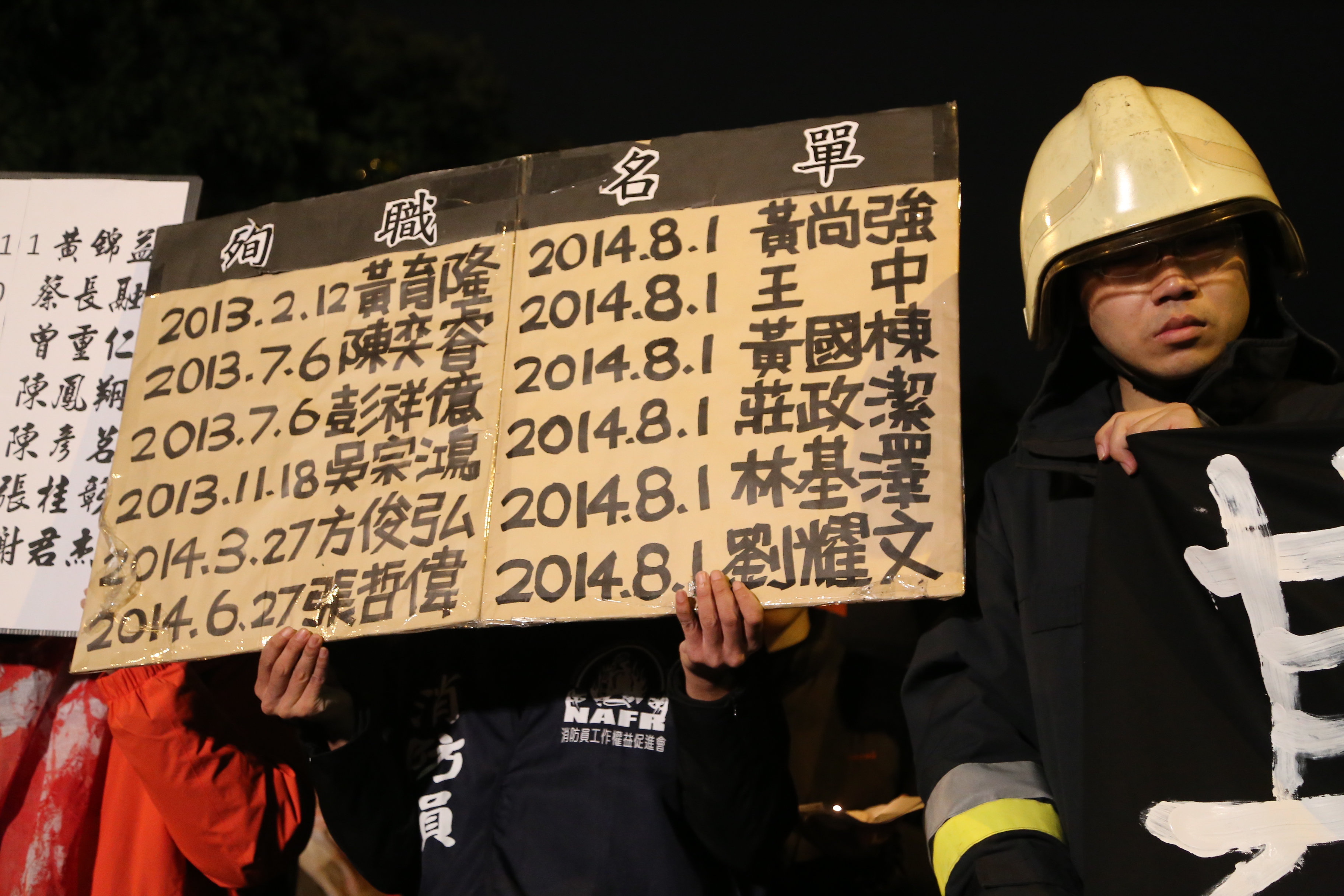 日前彰化大火造成一名消防員殉職,讓消防權益再度受到重視。圖為2015年桃園大火帶走多名消防員性命後,消防員到內政部及總統府陳抗。(本刊資料照)