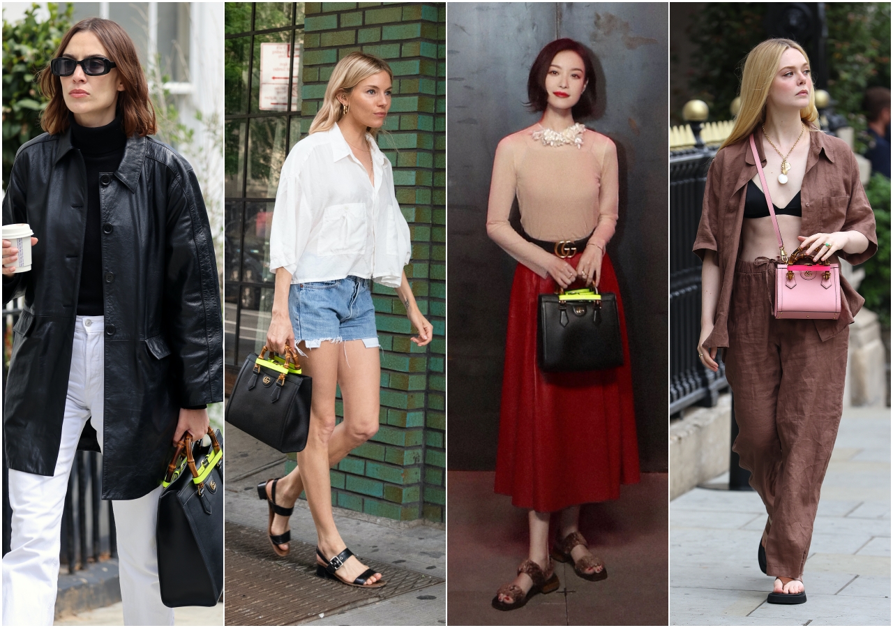 （左起）Alexa Chung、Sienna Miller、倪妮以同樣的黑色GUCCI Diana詮釋不同服裝風格搭配；Elle Fanning則以超可愛的粉色迷你小包展現青春。