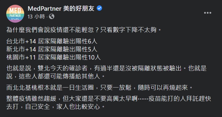 粉專呼籲民眾還是要做好防疫,否則疫情可能會捲土重來。(翻攝自MedPartner 美的好朋友臉書)
