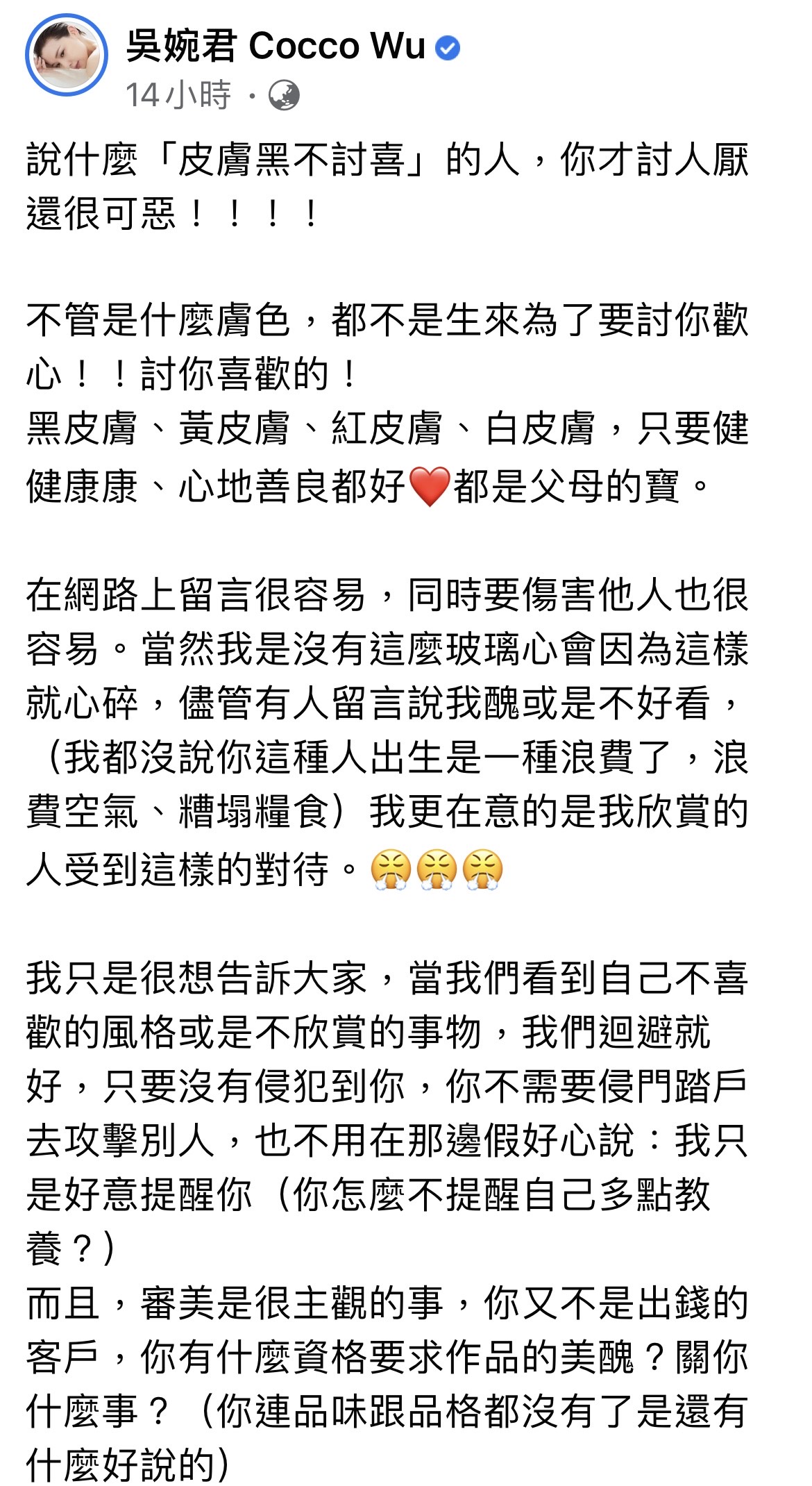 吳婉君對於部分網友認為女孩黑就是醜的觀念相當不以為然。(翻攝自吳婉君臉書)