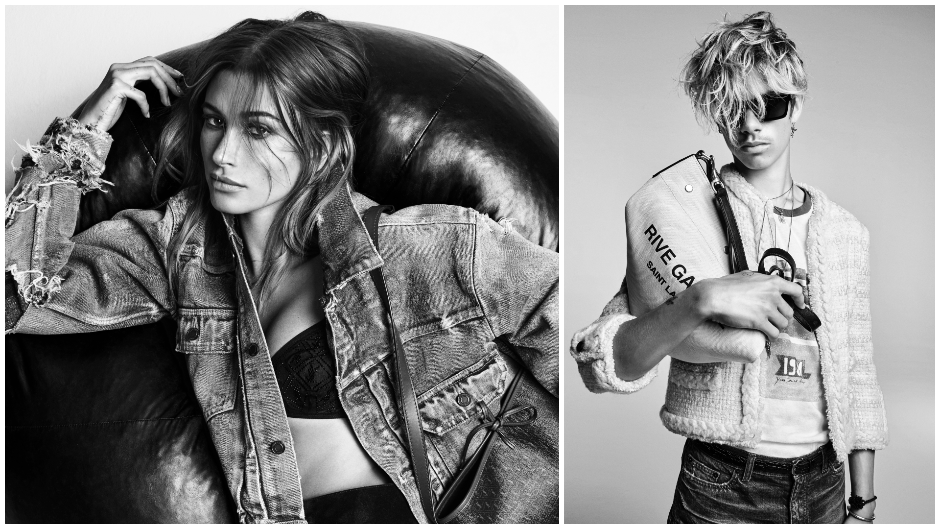 SAINT LAURENT找來Romeo Beckham（右）與Hailey Bieber（左）拍攝單寧系列的廣告大片與影片。（SAINT LAURENT提供）