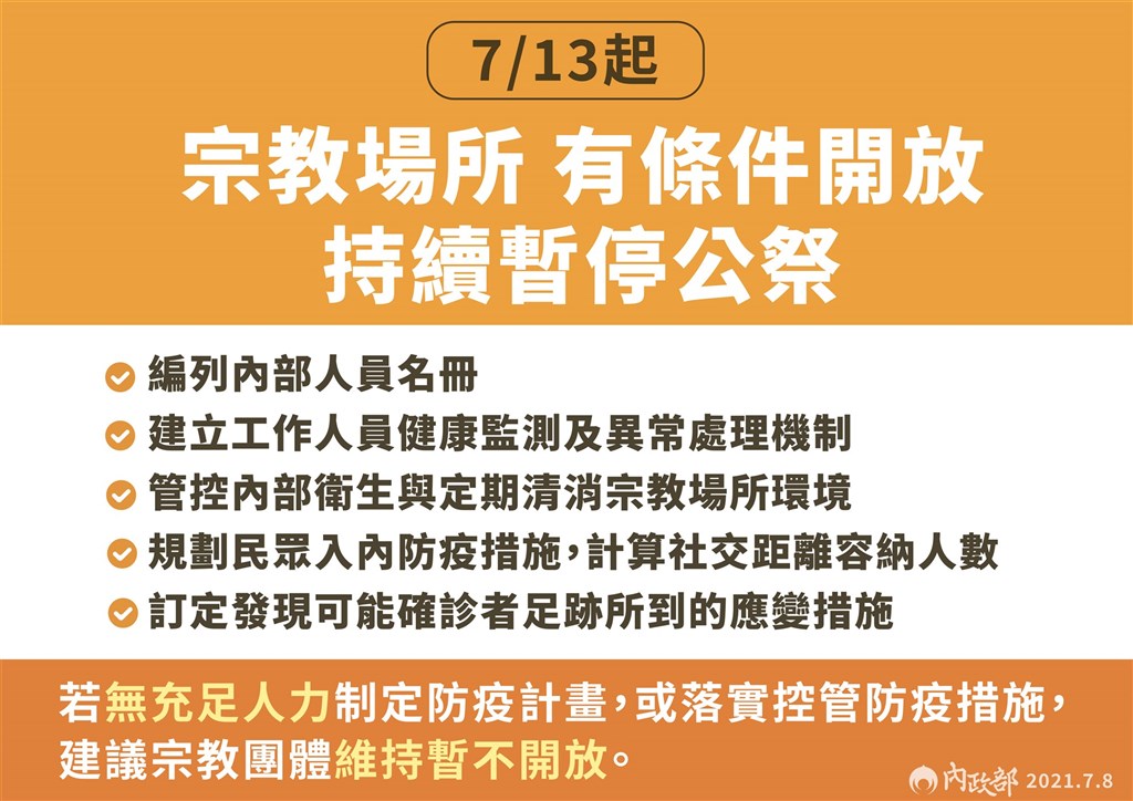 中央流行疫情指揮中心副指揮官陳宗彥表示,宗教場所13日起將有條件開放。(指揮中心提供)