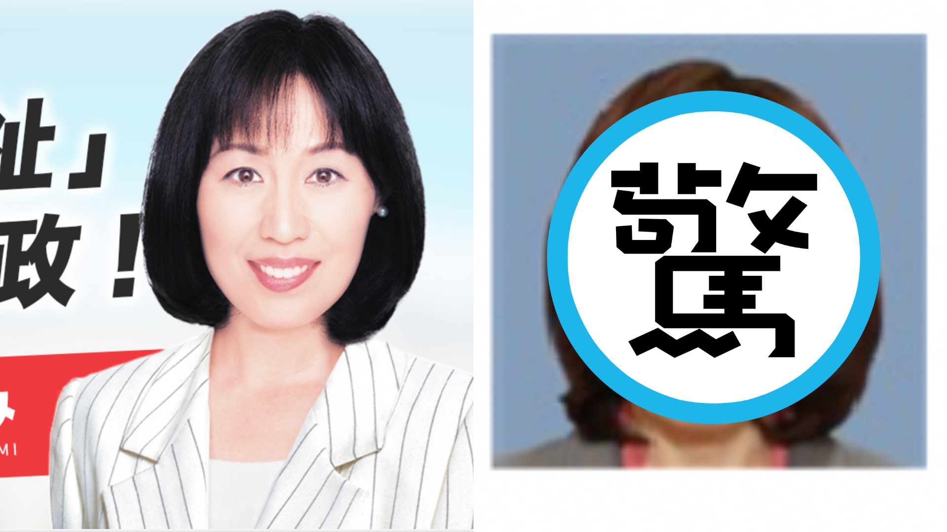 日本議員山加朱美宣傳照修圖，引發網友討論。（翻攝自山加朱美官網、推特）