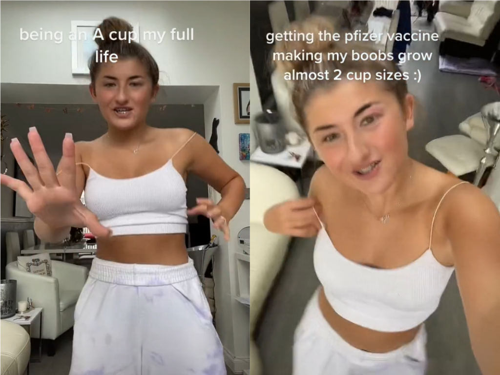 國外一名女子稱打輝瑞疫苗後，胸部大了兩個罩杯。（翻攝Elle Marshall的TikTok）