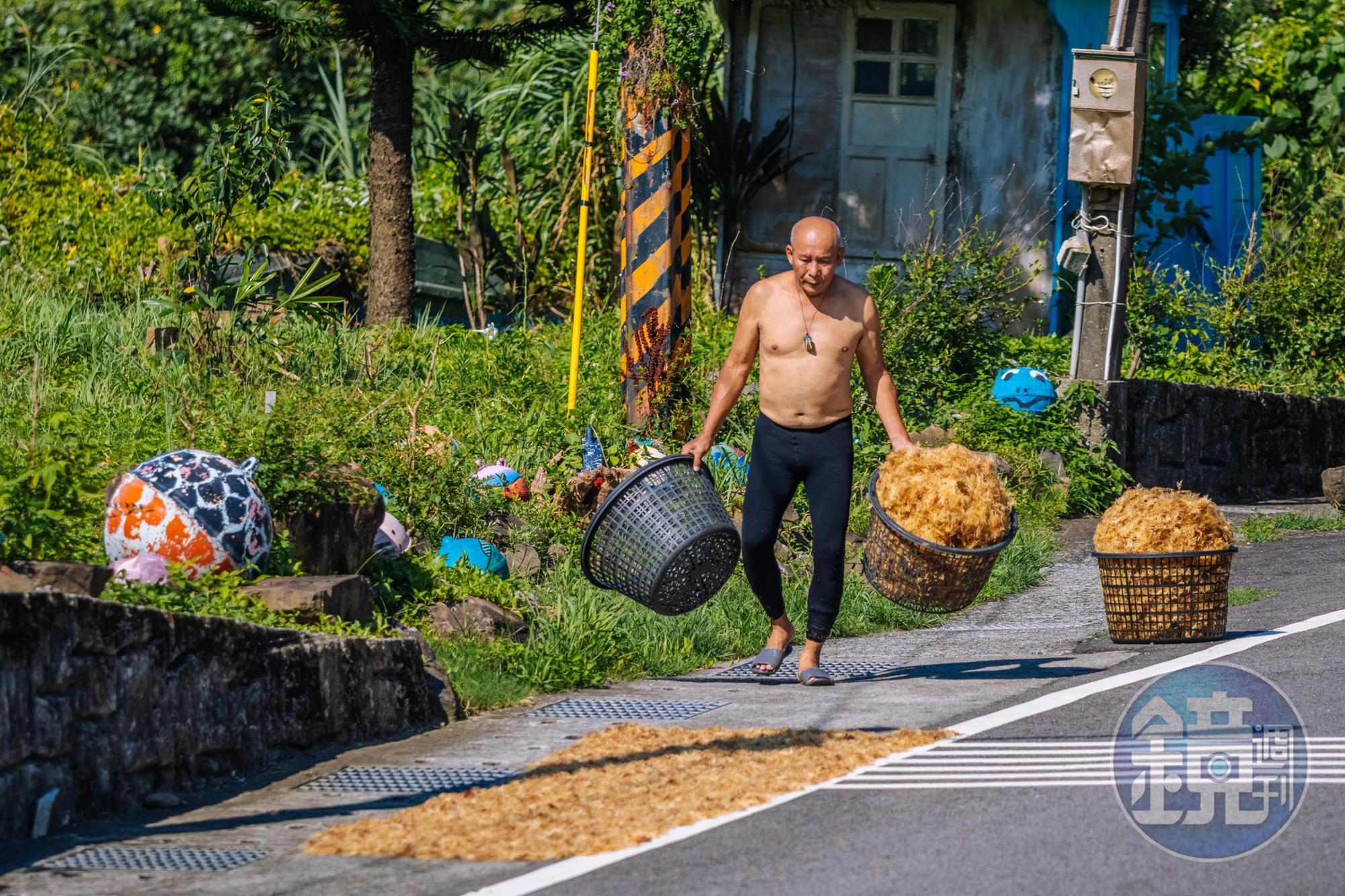 居住在這一帶的漁民依然保留傳統的漁撈技法，自家門前曬石花菜的景象很常見。