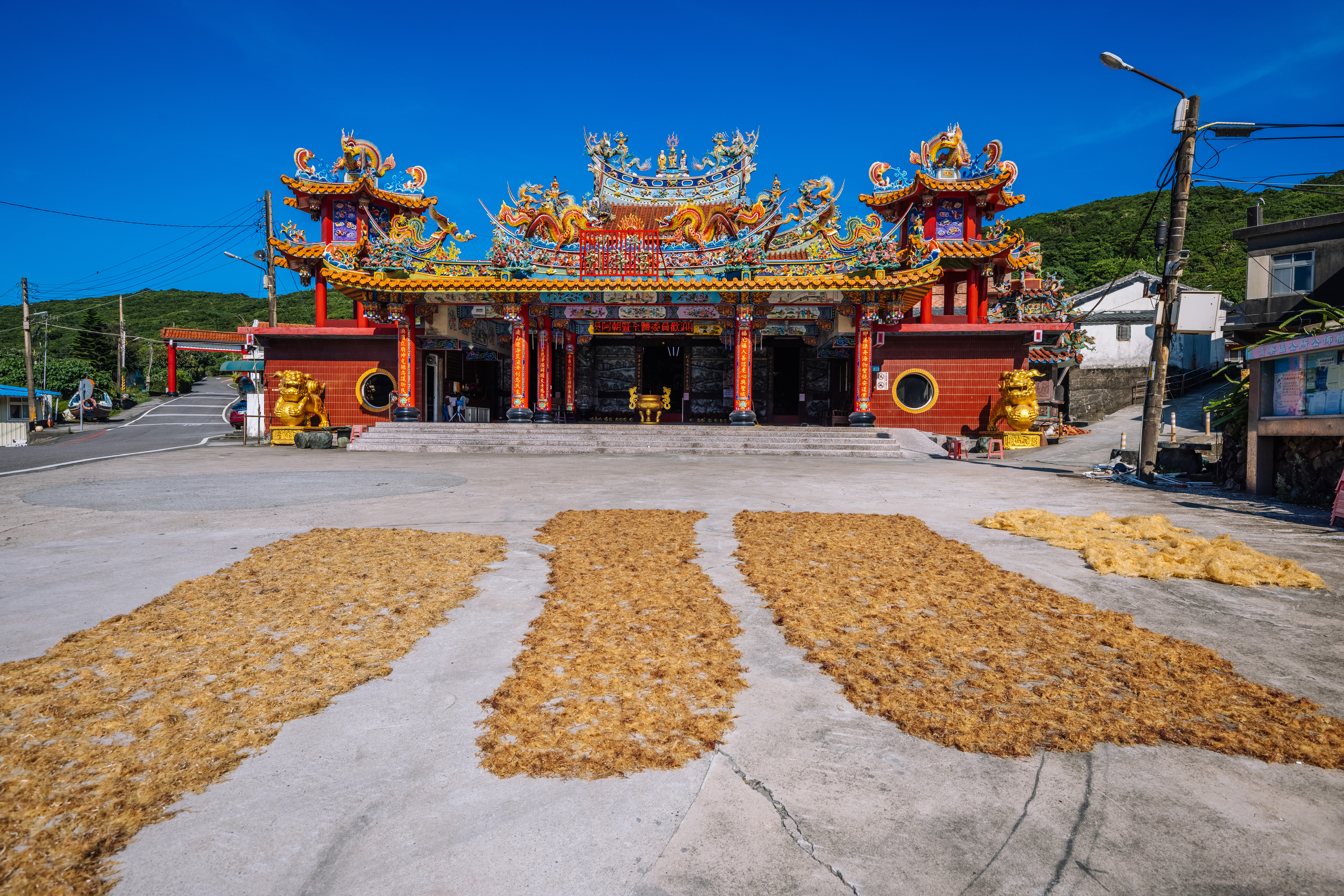 宮廟前面所曬的石花菜的景象則因為漁村海洋資源頗豐，適合九孔、龍蝦、石花菜及各類海洋生物的生長。