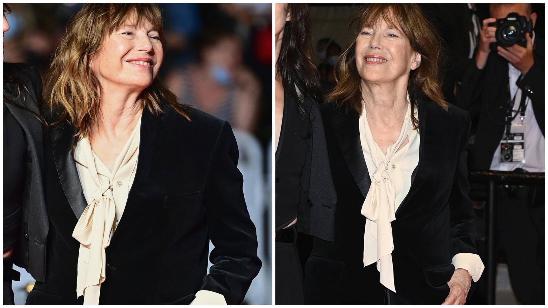 Jane Birkin 7日參加坎城影展時,選穿CELINE的天鵝絨西裝。(CELINE提供)