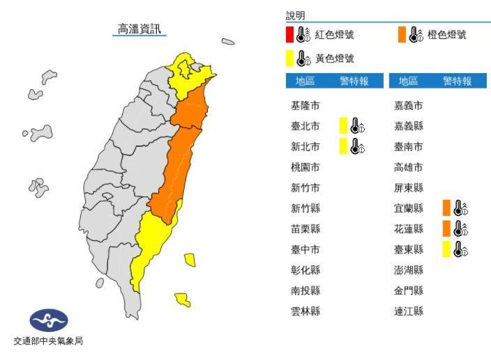 中央氣象局今日上午6時許針對5縣市發布高溫警報。(翻攝自中央氣象局官網)
