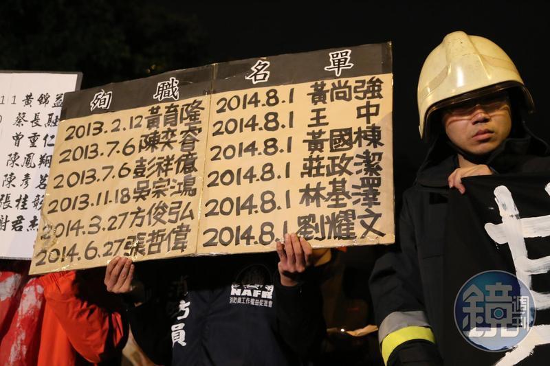 日前彰化大火造成一名消防員殉職，讓消防權益再度受到重視。圖為2015年桃園大火帶走多名消防員性命後，消防員到內政部及總統府陳抗。（本刊資料照）