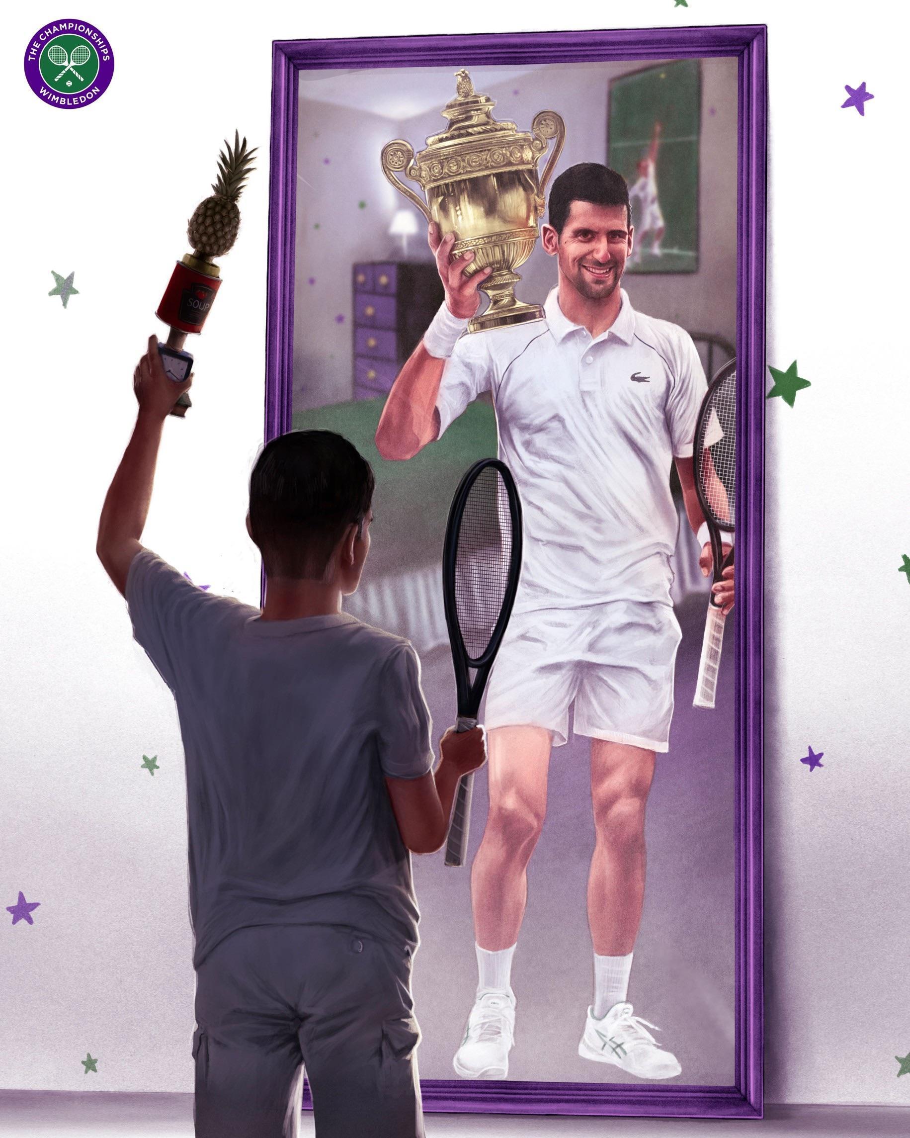Novak Djokovic六度高捧溫布頓獎盃，在孩提時代，他曾經手作獎盃，想像自己有一日能站在溫布頓的決賽殿堂。（翻攝自Wimbledon 臉書）