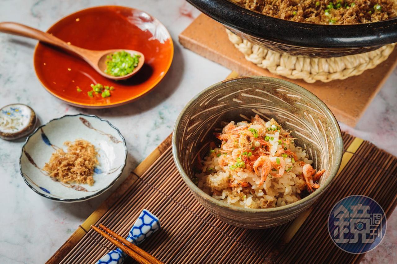 微鹹淡雅的「櫻花蝦炊飯」，米粒吸潤鮮味。（不固定推出，需詢問預約。680元／2人份1合米；圖中拍攝為2,720元／10人份4合米）