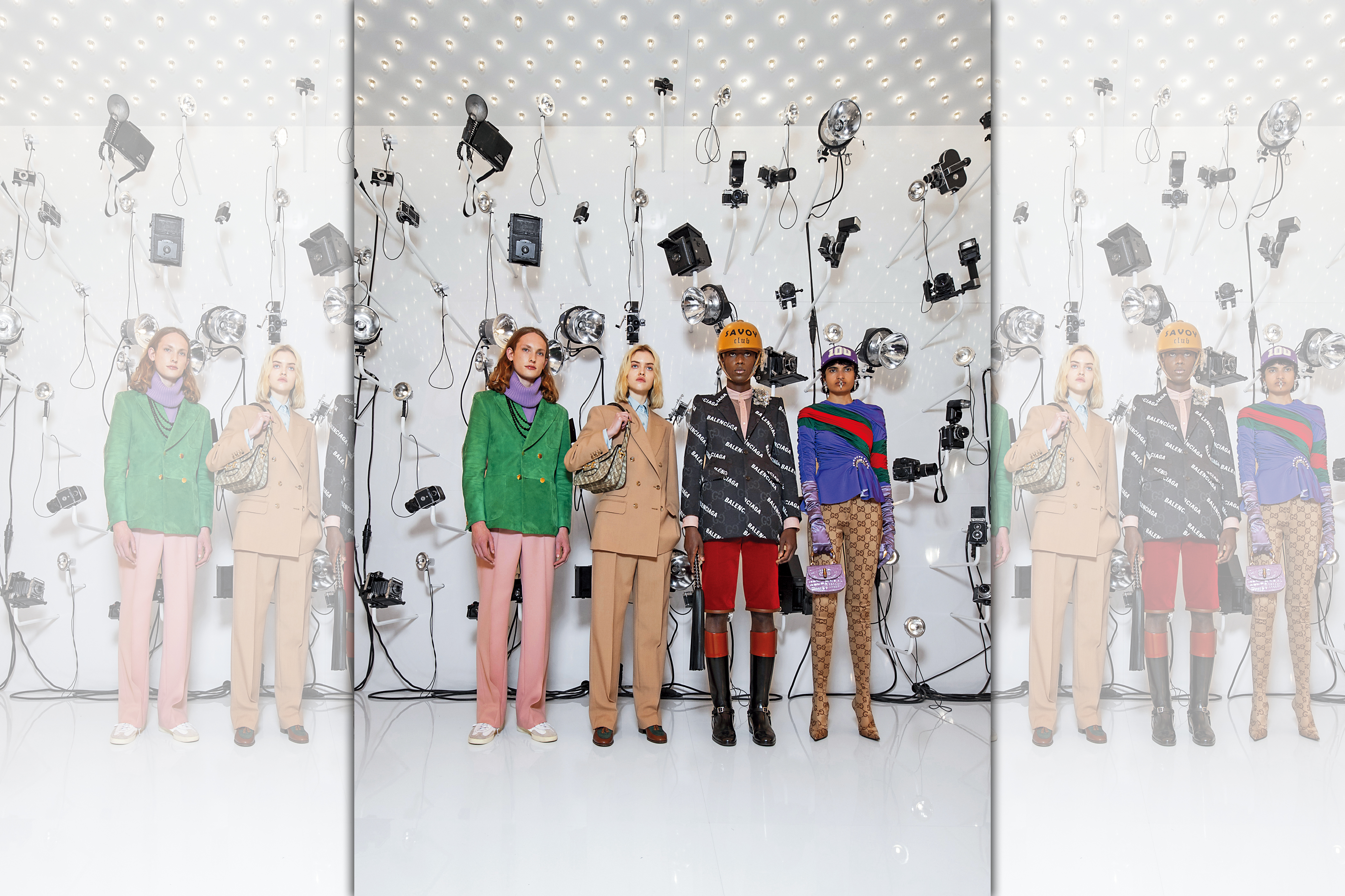 從秀上的照片可以見到,西裝外套上有雙Logo印花,經典的BALENCIAGA褲靴也印滿GUCCI Logo。(GUCCI提供)