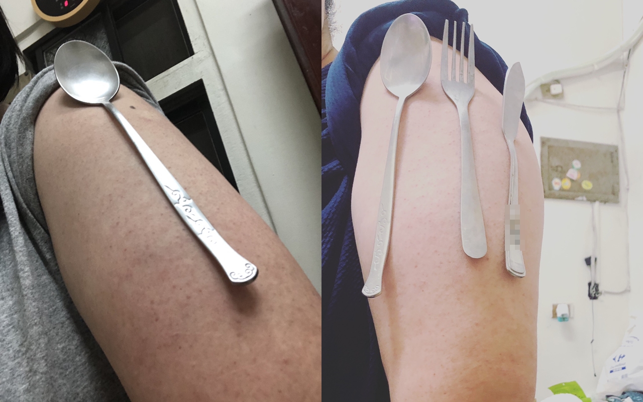 南投有3名幼教老師，因看新聞發現國外有報導稱打莫德納疫苗可以產生磁力，親身測試後竟都成功。（翻攝畫面）