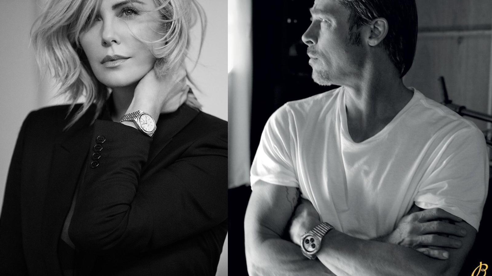 百年靈的Cinema Squad電影行動隊的兩位成員Charlize  Theron和Brad Pitt，各自上手了Chronomat Automatic 36和Chronomat B01 42計時的款式，同系列不同款、但同樣都具備Rouleaux筒狀鍊帶的特色，是滿有新意的對錶選擇。