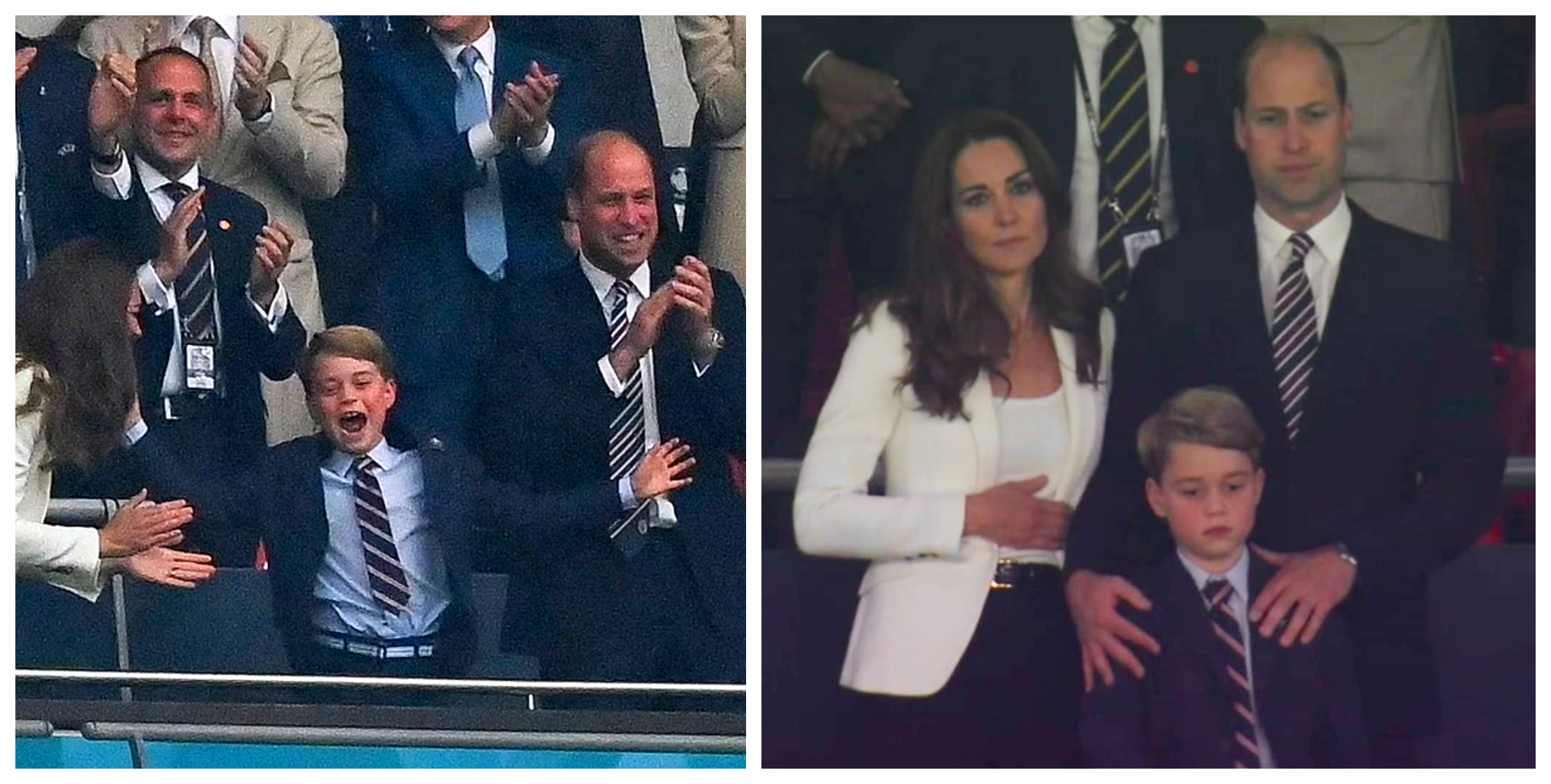 喬治小王子在歐國盃決賽，表情彷彿從天堂（左圖）掉入地獄（右圖）。（翻攝Kayla Adams推特）