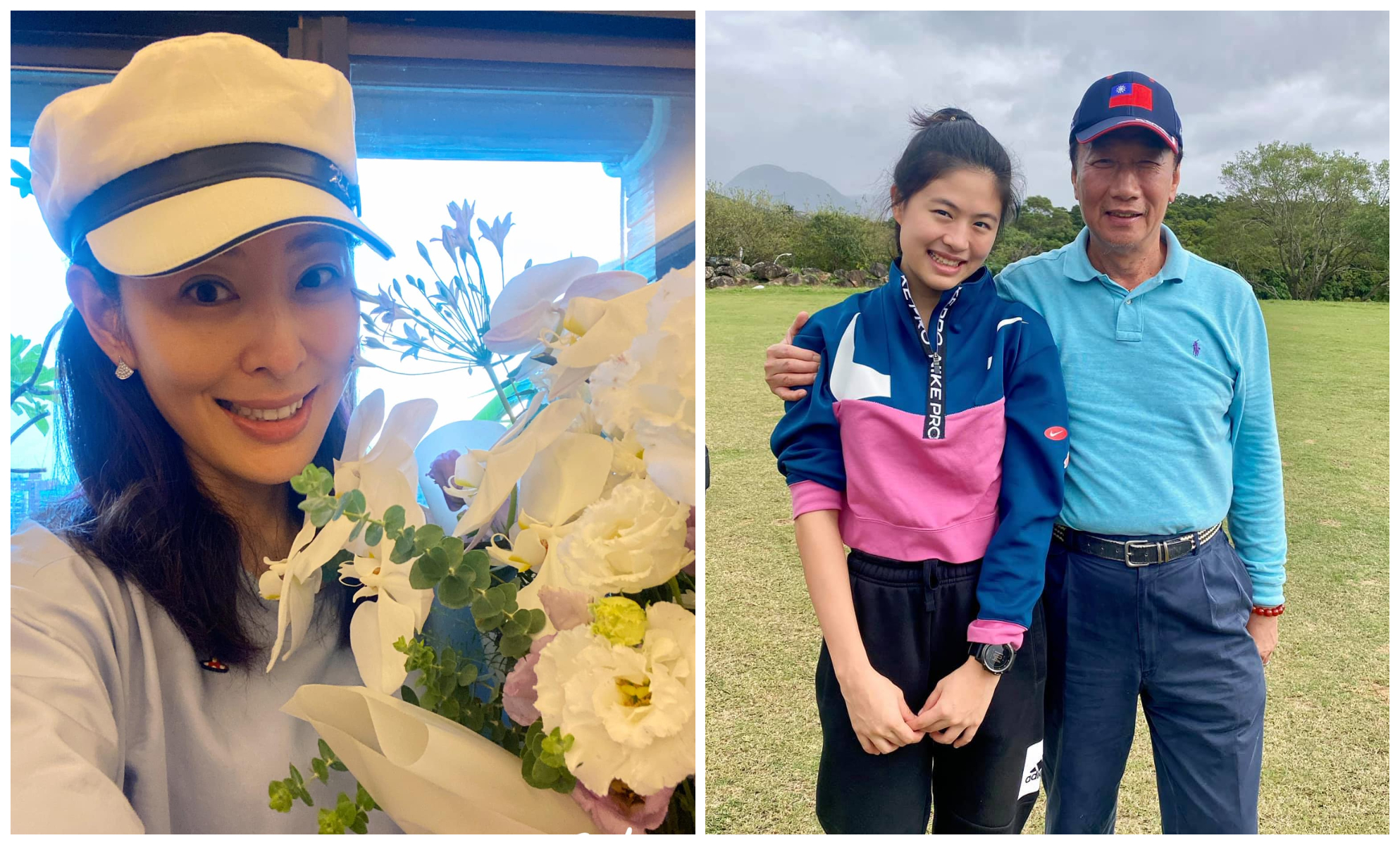 賈永婕（左圖）曬出大女兒安安（右圖左）與郭台銘合照，感謝郭董捐贈BNT疫苗。（翻攝賈永婕臉書）