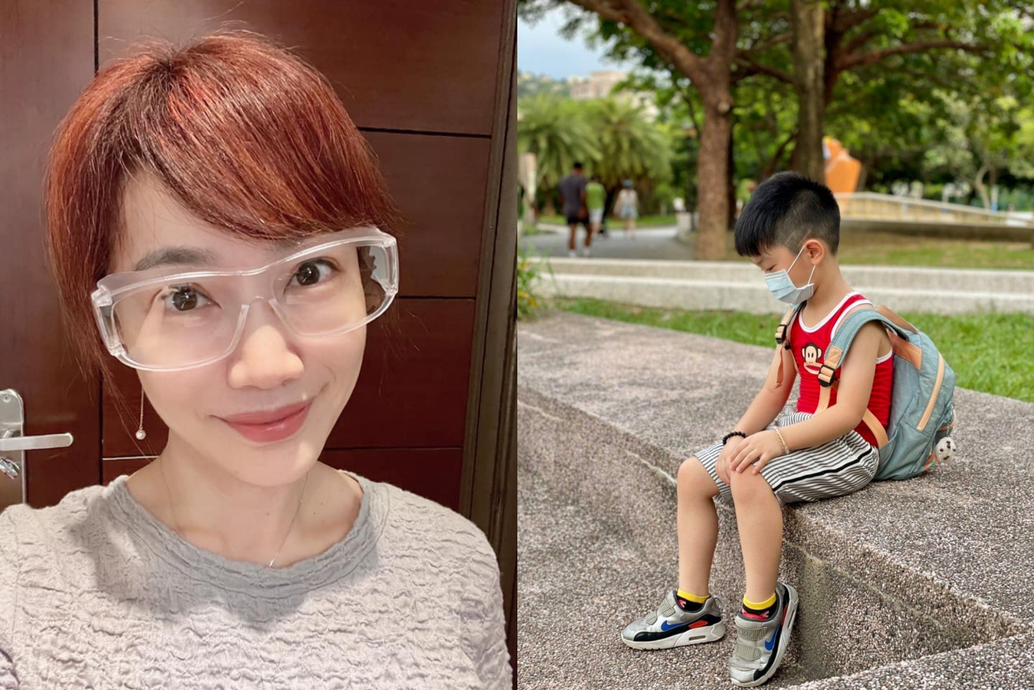 原本想跟兒子一起戴口罩運動，兒子被蕭彤雯勸阻後奧嘟嘟。（翻攝自蕭彤雯臉書）