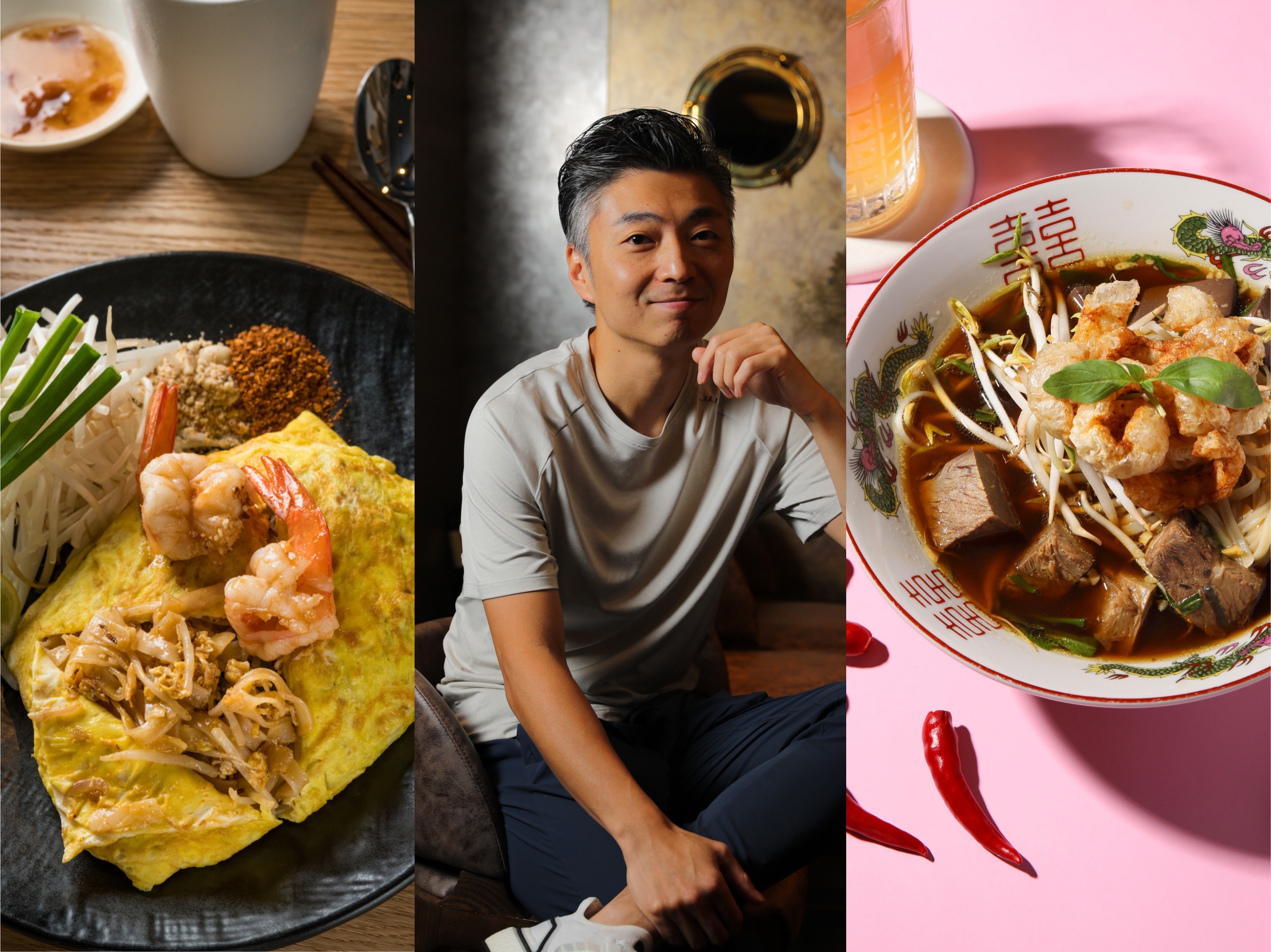 米其林一星「MUME」行政主廚林泉（中）疫情期間旗下泰菜餐廳baan Taipei（左）外帶祭出85折優惠，並推出泰菜新品牌tuk tuk（右）。