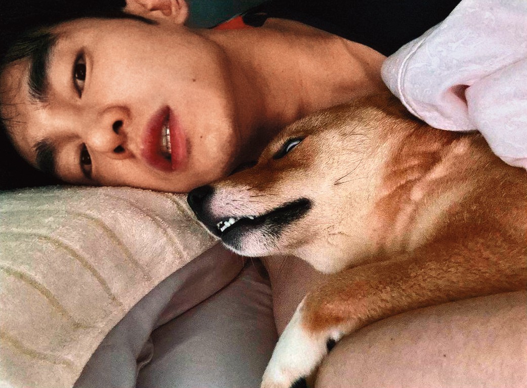 歐陽妮妮的緋聞男友張書豪，緊抱柴柴上床，等等…狗狗是無辜的，放開牠！有本事衝著妮妮來！（推妮妮）（翻攝自張書豪IG）
