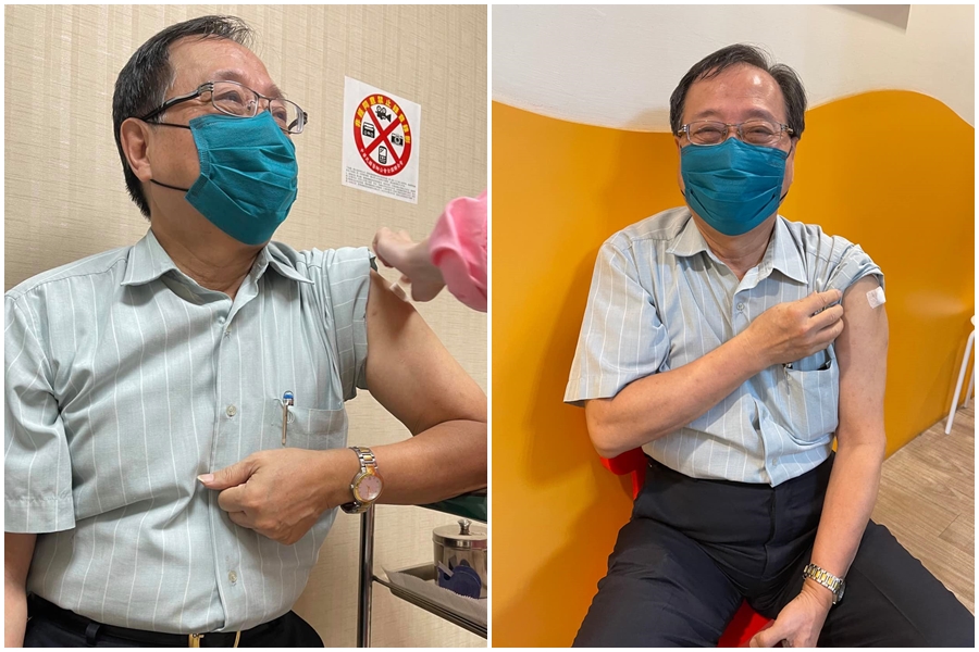 李來希施打完疫苗後他坐在小凳子上等待觀察副作用，有感而發在臉書寫下心情。（翻攝自李來希臉書）