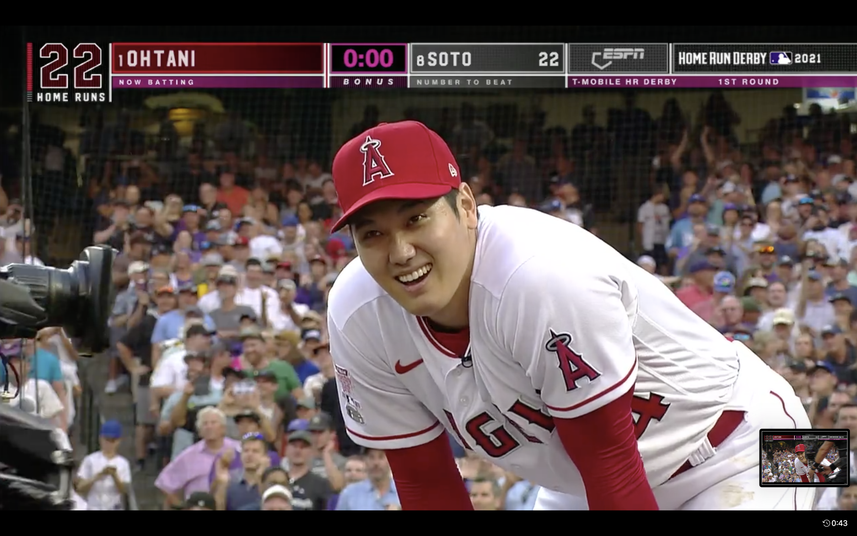 大谷翔平出戰全壘打大賽，在第一輪就被淘汰，看起來累壞了。（翻攝自推特@MLB）