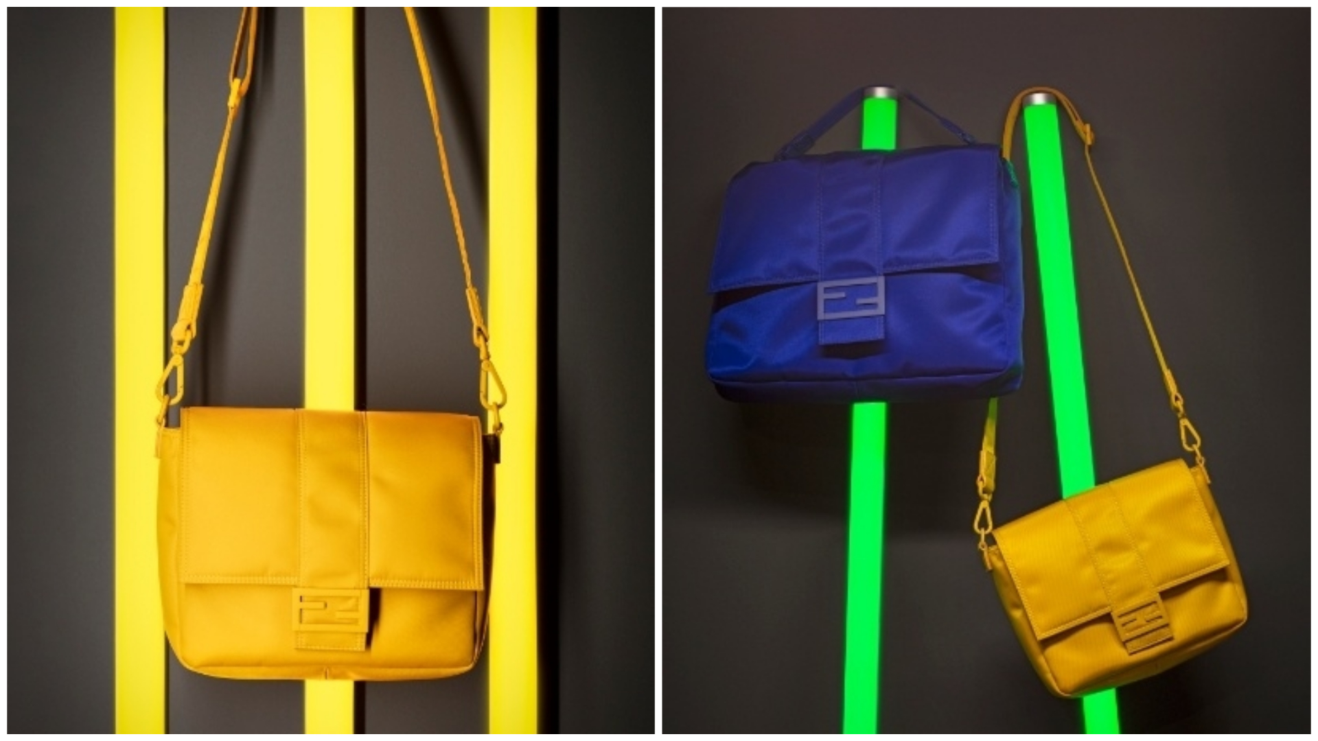 FENDI推新款環保尼龍Baguette男包，一共有2種尺寸3種顏色可選擇。（FENDI提供）