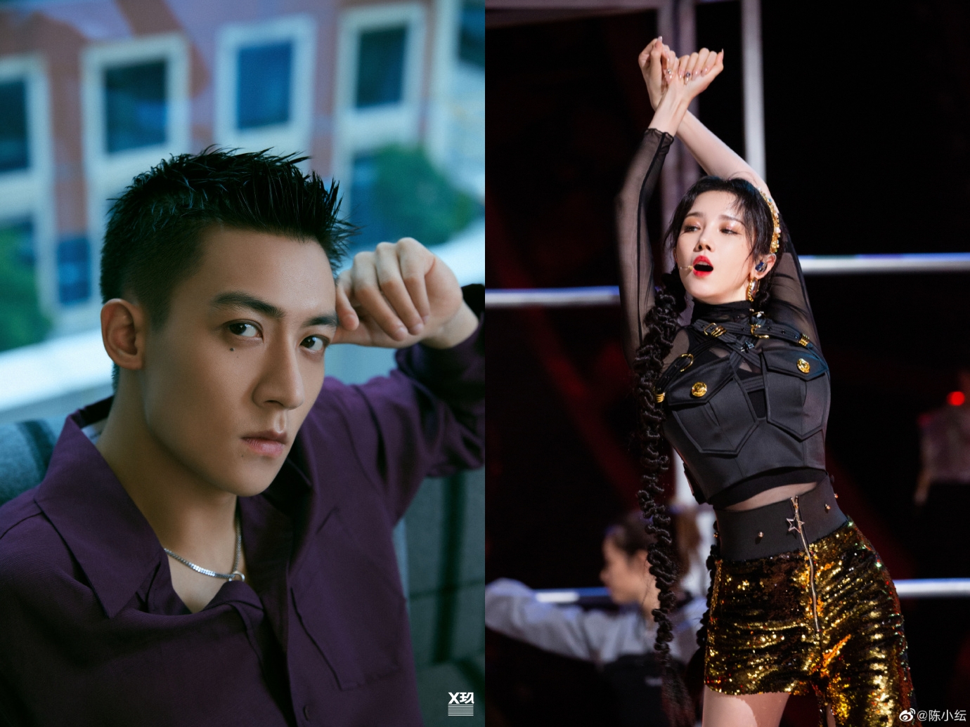 大陸男星谷嘉誠（左）被拍到與女星陳小紜共進酒店。（翻攝X玖少年團、陳小紜微博）